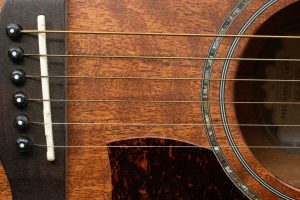Close-up of bronze-wound acoustic guitar strings running from the bridge pins over a bone saddle towards the soundhole