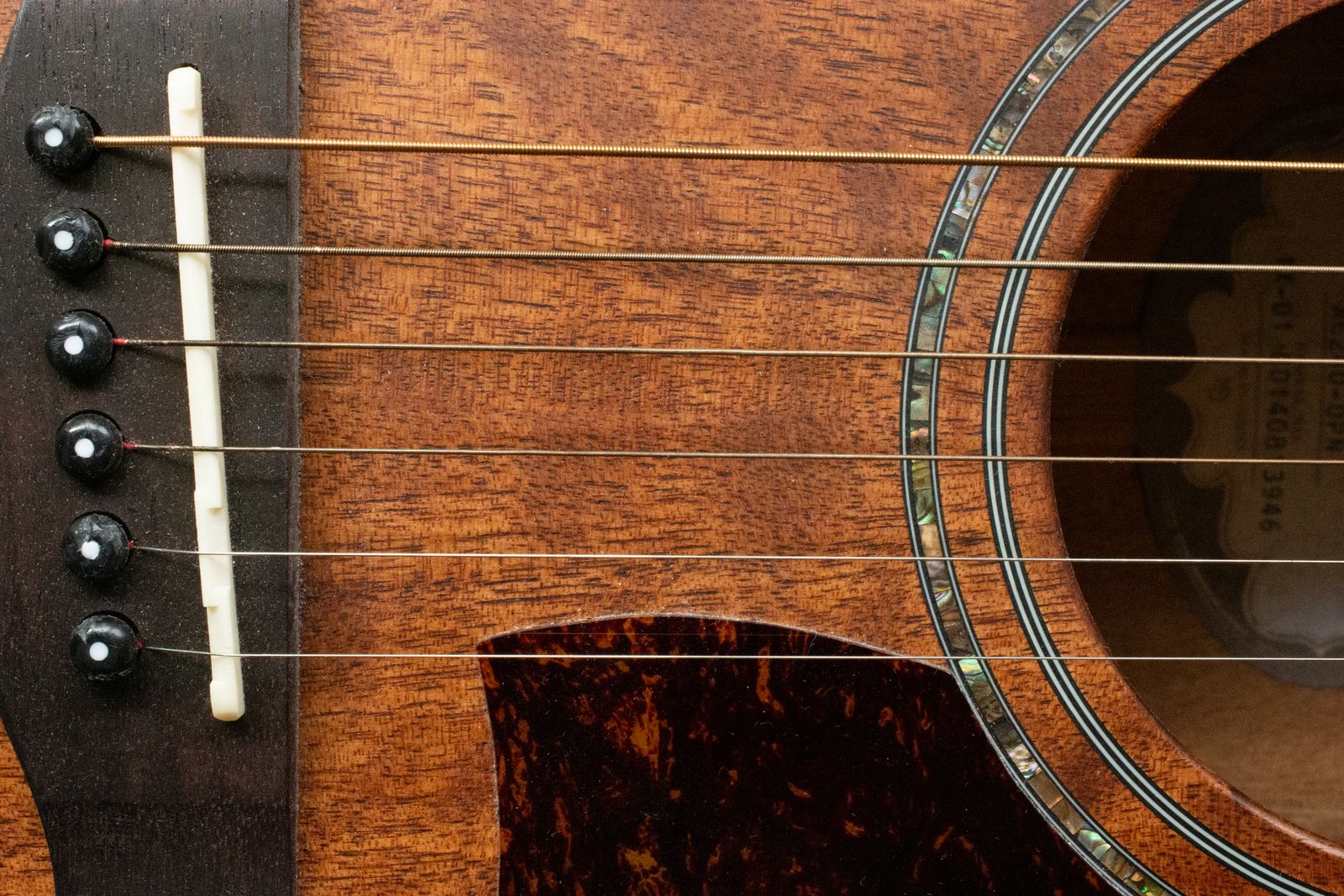 Close-up of bronze-wound acoustic guitar strings running from the bridge pins over a bone saddle towards the soundhole